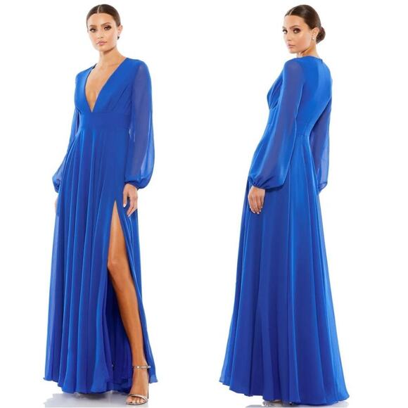 NWT Leena For Mac duggal 55682 Dress Blue Plunged Bishop Sleeve Long Gown Size 6 - Picture 1 of 8